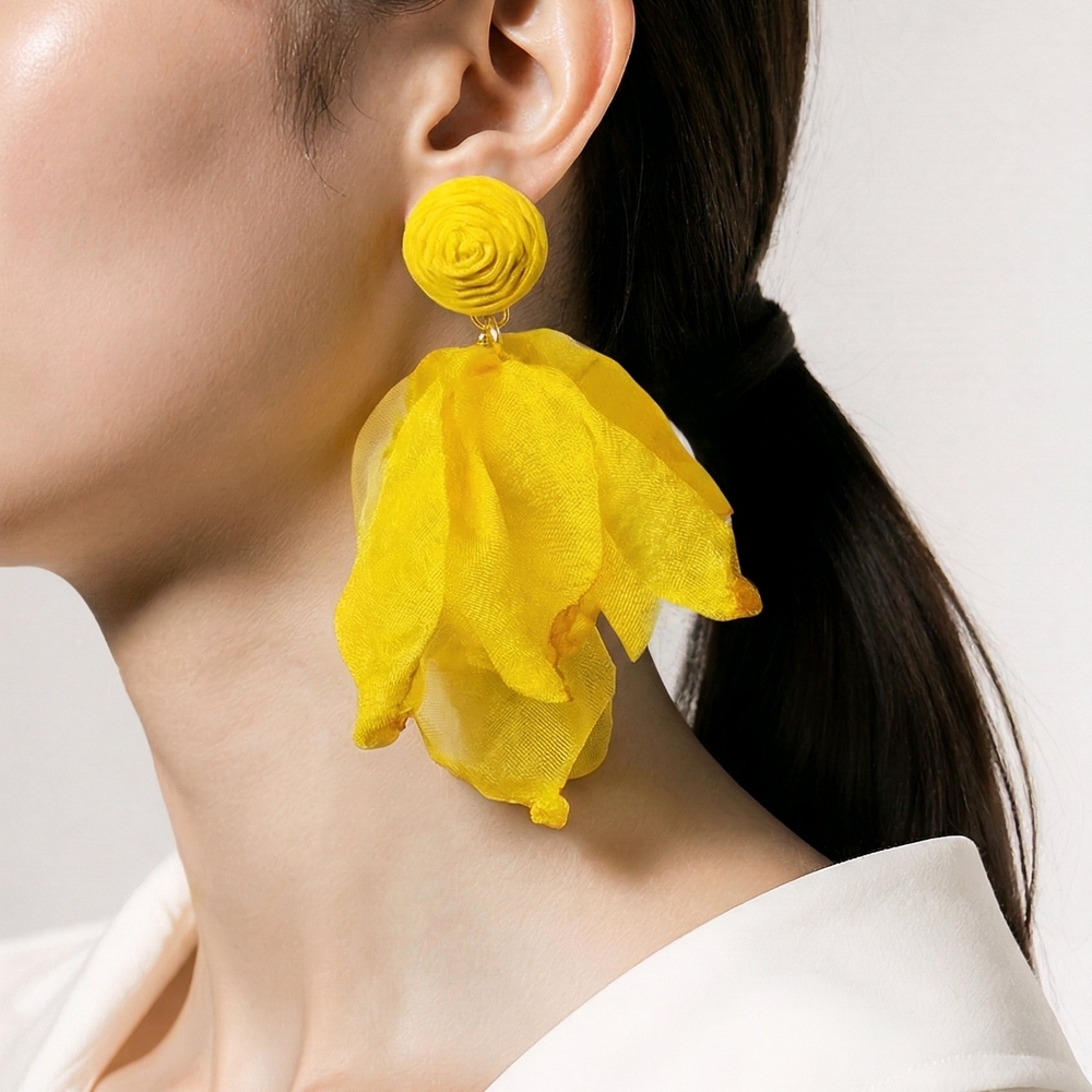 Yellow Raffia Flower Bow Drop Earrings Bright Summer Statement Vibrant Tropical